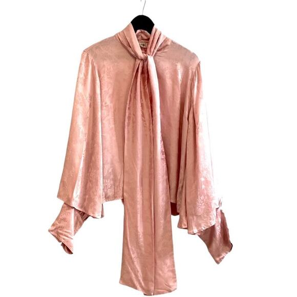 Millie Womens XL Top in Pink Jacquard Tie Neck Layered Sleeves Button-Up NWOT - Picture 9 of 14